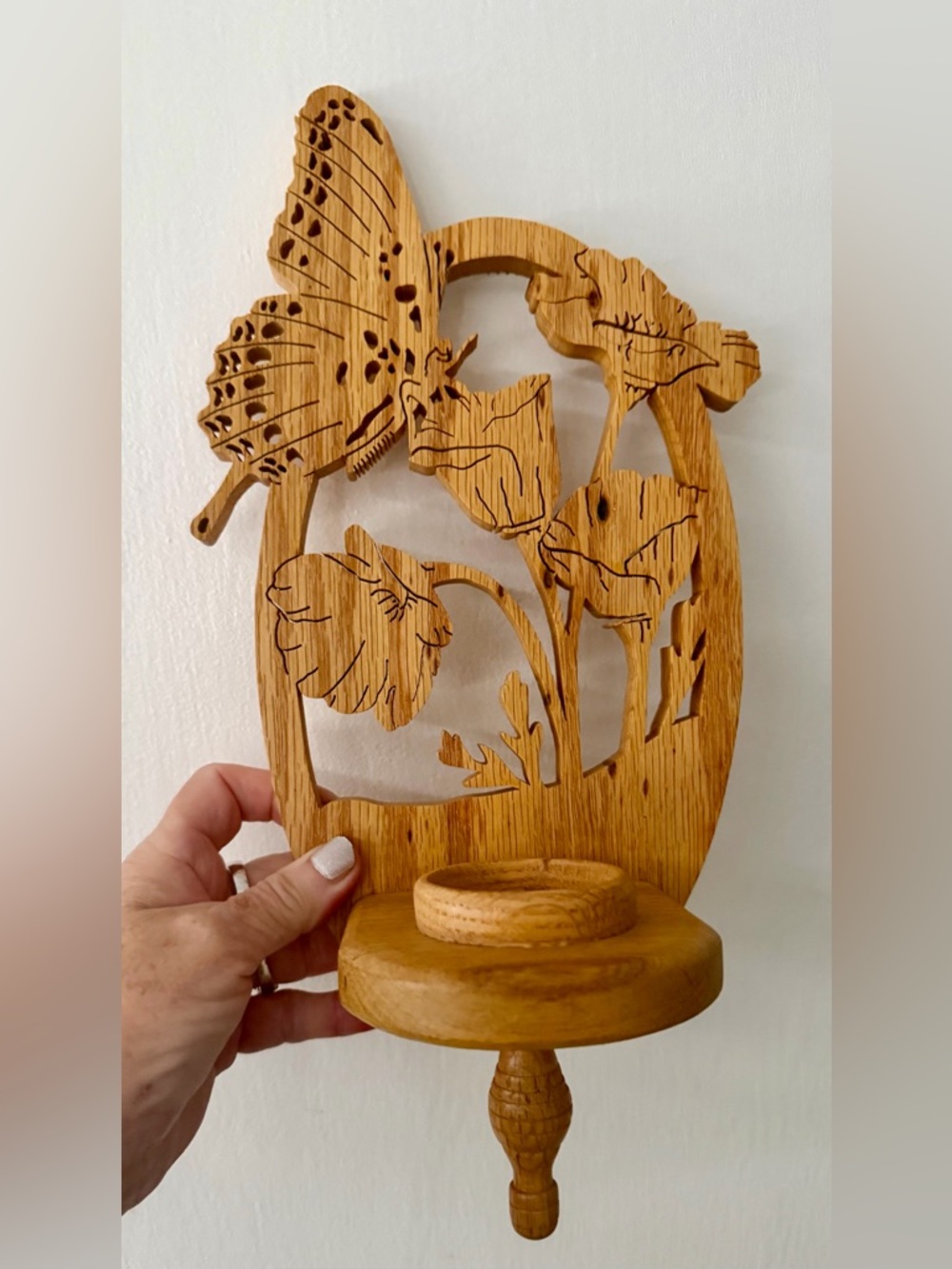 Handcrafted Wood Laser Cut Butterfly & Poppy Wall Sconce - Honey Oak 13”